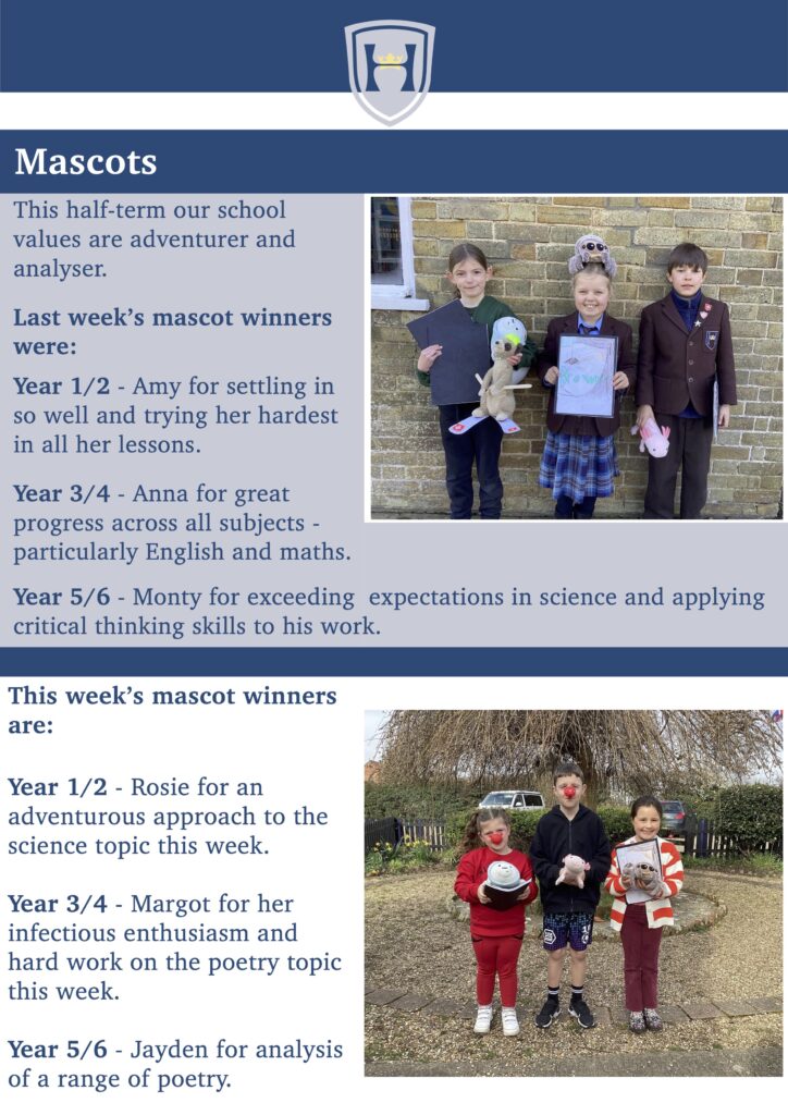 Mascots
This half-term our school values are adventurer and analyser.
Last week’s mascot winners were:
Year 1/2 - Amy for settling in so well and trying her hardest in all her lessons.
Year 3/4 - Anna for great progress across all subjects - particularly English and maths.
Year 5/6 - Monty for exceeding expectations in science and applying critical thinking skills to his work.